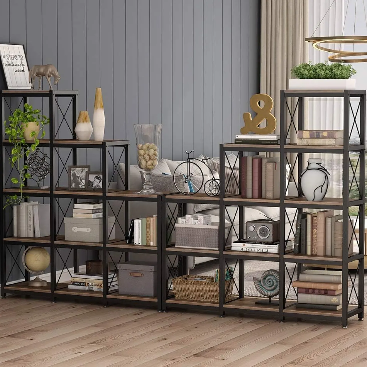L-Shaped Ladder 9 Cubes Bookshelf, 12 Shelves Industrial Corner Etagere Bookcase