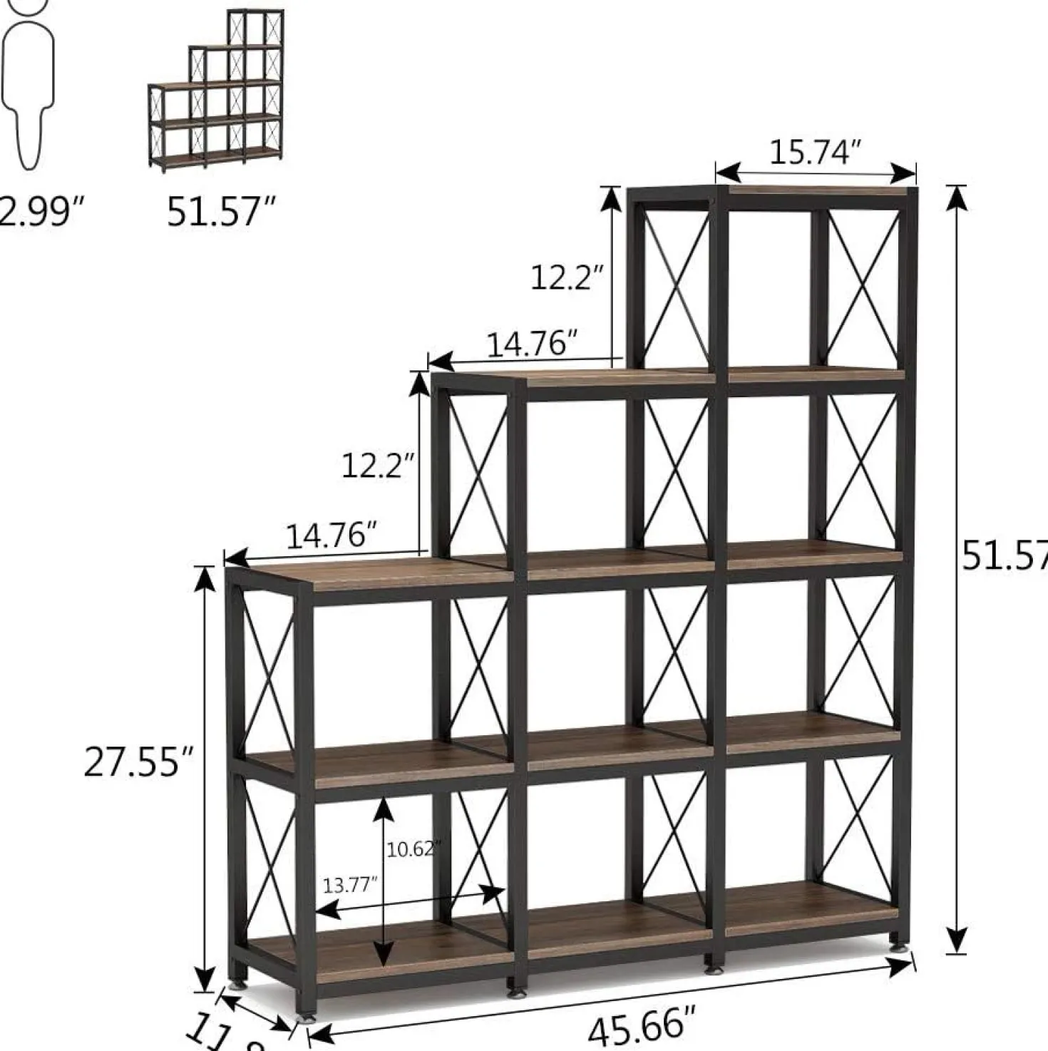 L-Shaped Ladder 9 Cubes Bookshelf, 12 Shelves Industrial Corner Etagere Bookcase