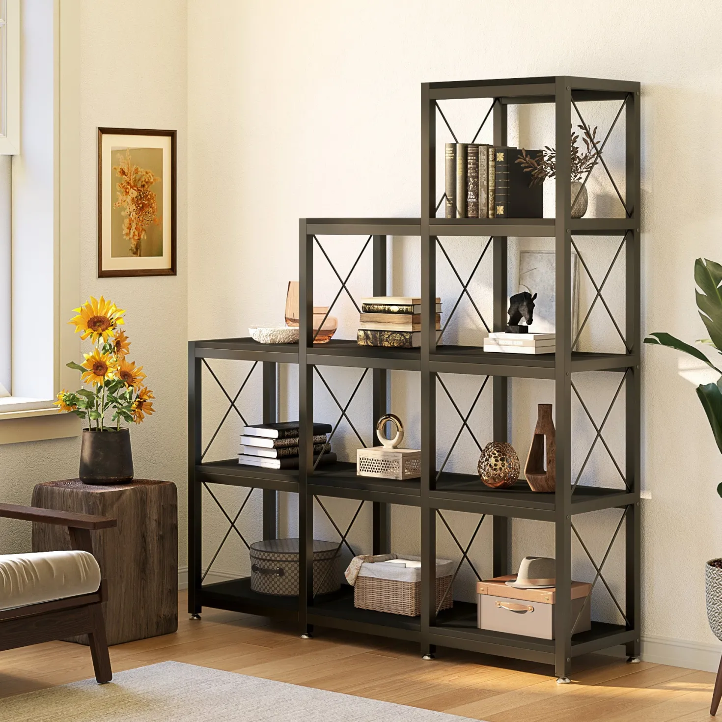 L-Shaped Ladder 9 Cubes Bookshelf, 12 Shelves Industrial Corner Etagere Bookcase