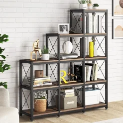 L-Shaped Ladder 9 Cubes Bookshelf, 12 Shelves Industrial Corner Etagere Bookcase