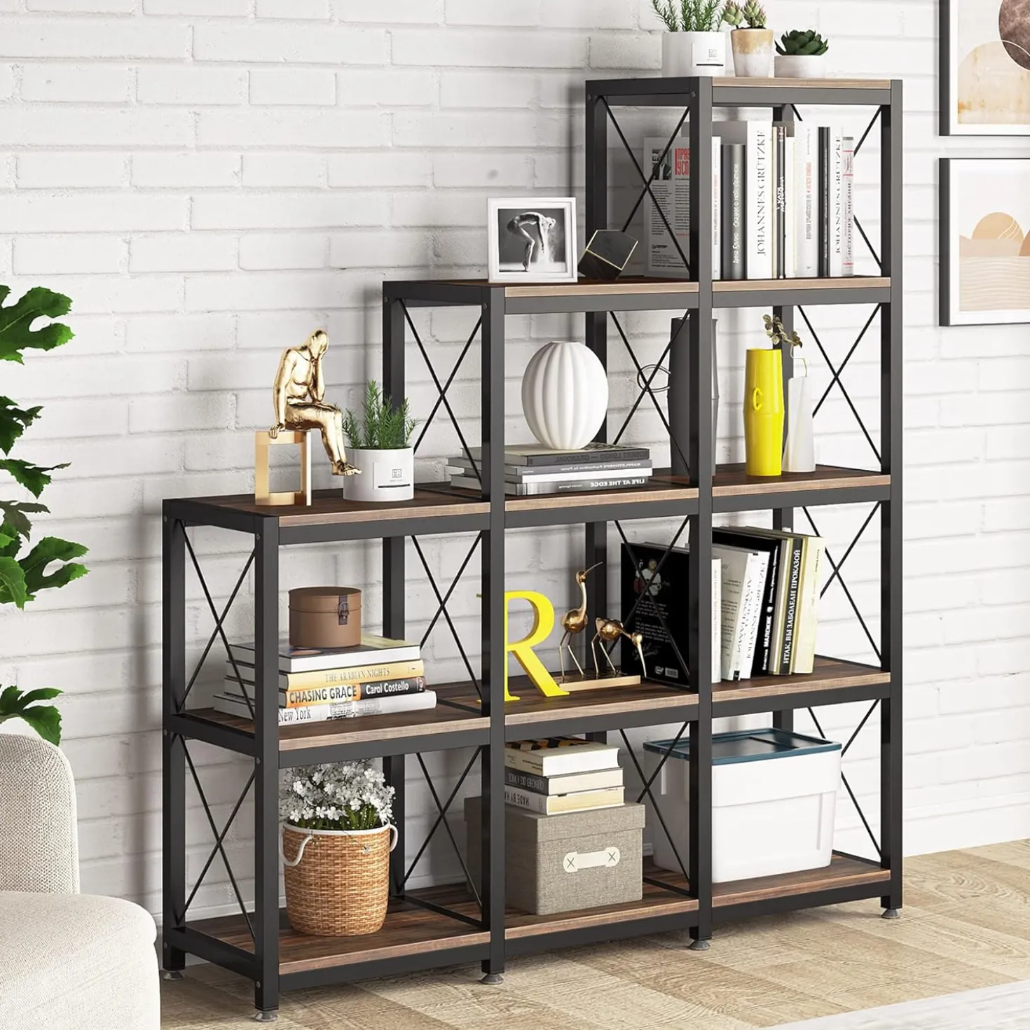 L-Shaped Ladder 9 Cubes Bookshelf, 12 Shelves Industrial Corner Etagere Bookcase