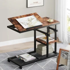 Mobile C Table, Height Adjustable Snack Tray Table with Wheels