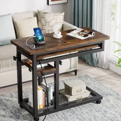 Mobile C Table, Portable Desk Side Table with Power Outlet