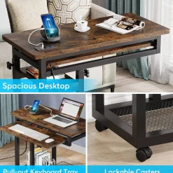 Mobile C Table, Portable Desk Side Table with Power Outlet