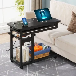 Mobile C Table, Portable Desk Side Table with Power Outlet