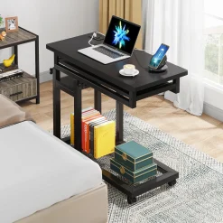 Mobile C Table, Portable Desk Side Table with Power Outlet