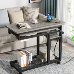 Mobile C Table, Portable Desk Side Table with Power Outlet