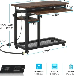 Mobile C Table, Portable Desk Side Table with Power Outlet