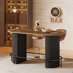Modern Bar Table, Oval Counter Height Pub Dining Table with Metal Footrest