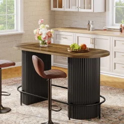 Modern Bar Table, Oval Counter Height Pub Dining Table with Metal Footrest