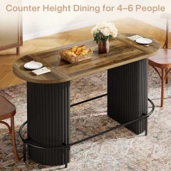 Modern Bar Table, Oval Counter Height Pub Dining Table with Metal Footrest