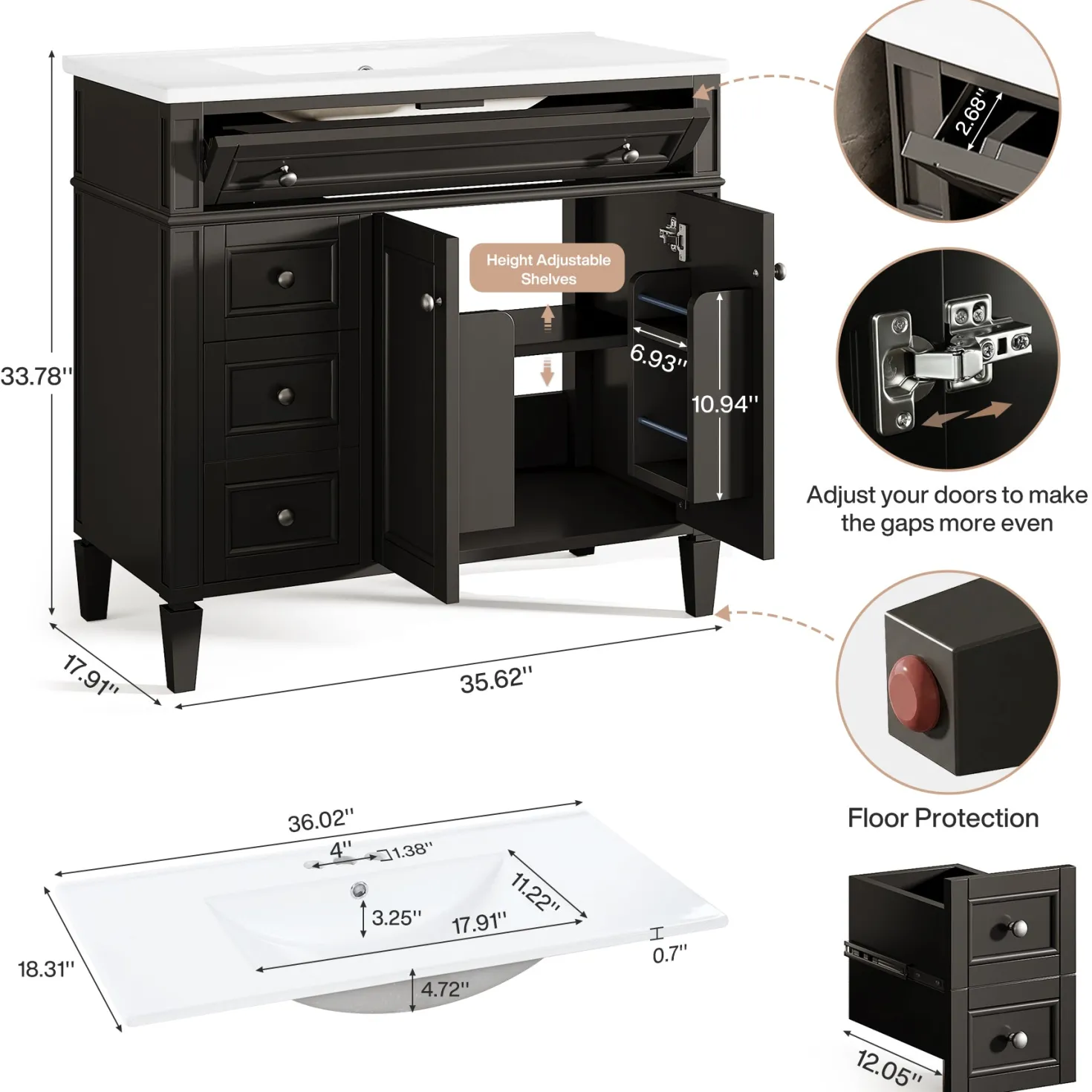 Modern Bathroom Vanity, 36" Bathroom Sink Vanity Cabinet with 3 Drawers