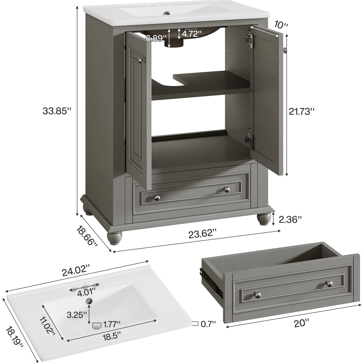 Modern Bathroom Vanity, Freestanding Bathroom Storage Vanity Cabinet with 2 Doors