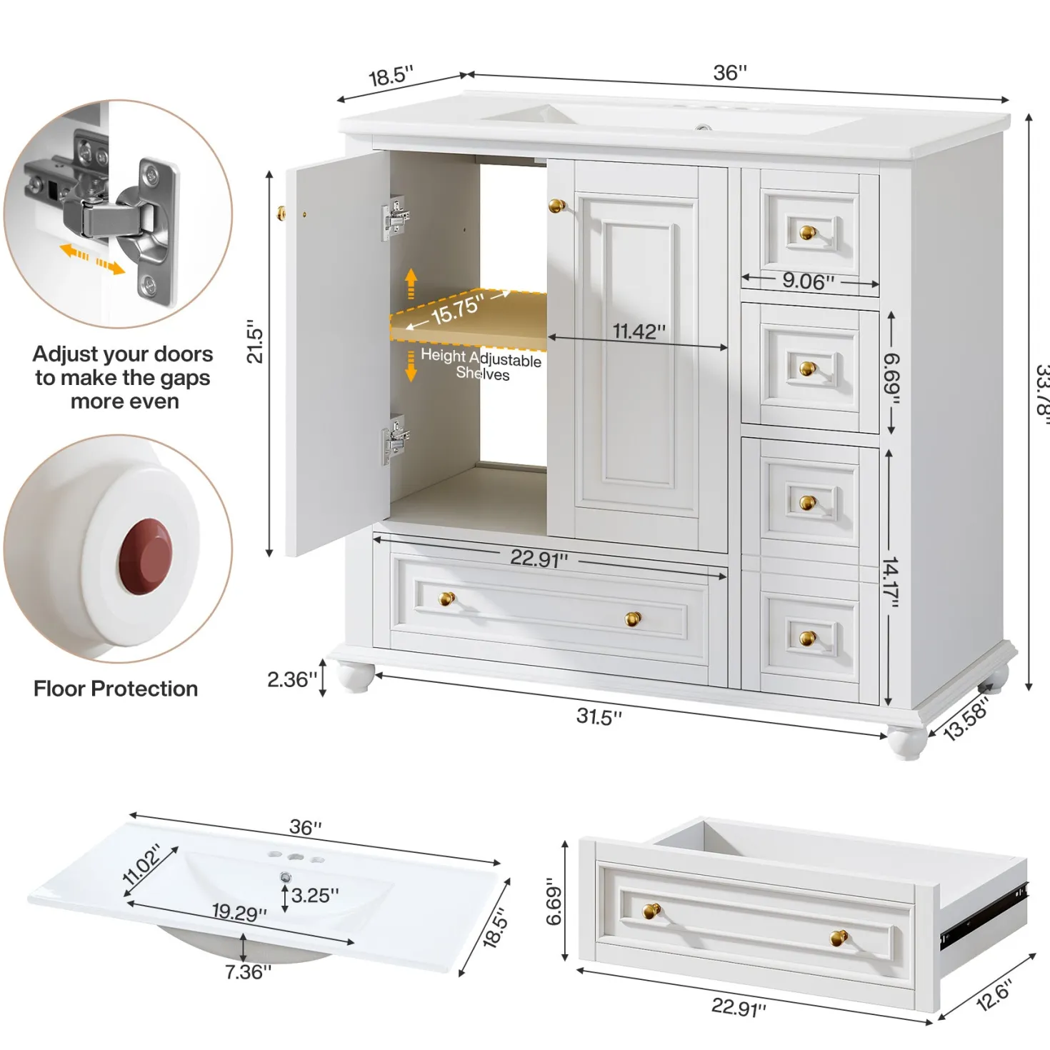 Modern Bathroom Vanity, Freestanding Bathroom Storage Vanity Cabinet with 2 Doors