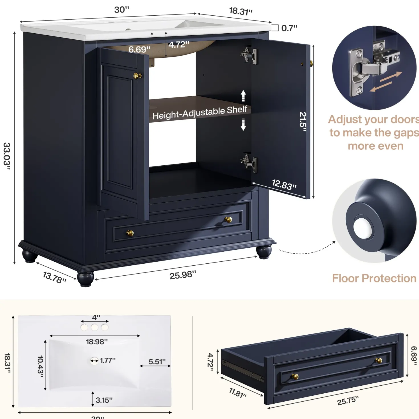 Modern Bathroom Vanity, Freestanding Bathroom Storage Vanity Cabinet with 2 Doors