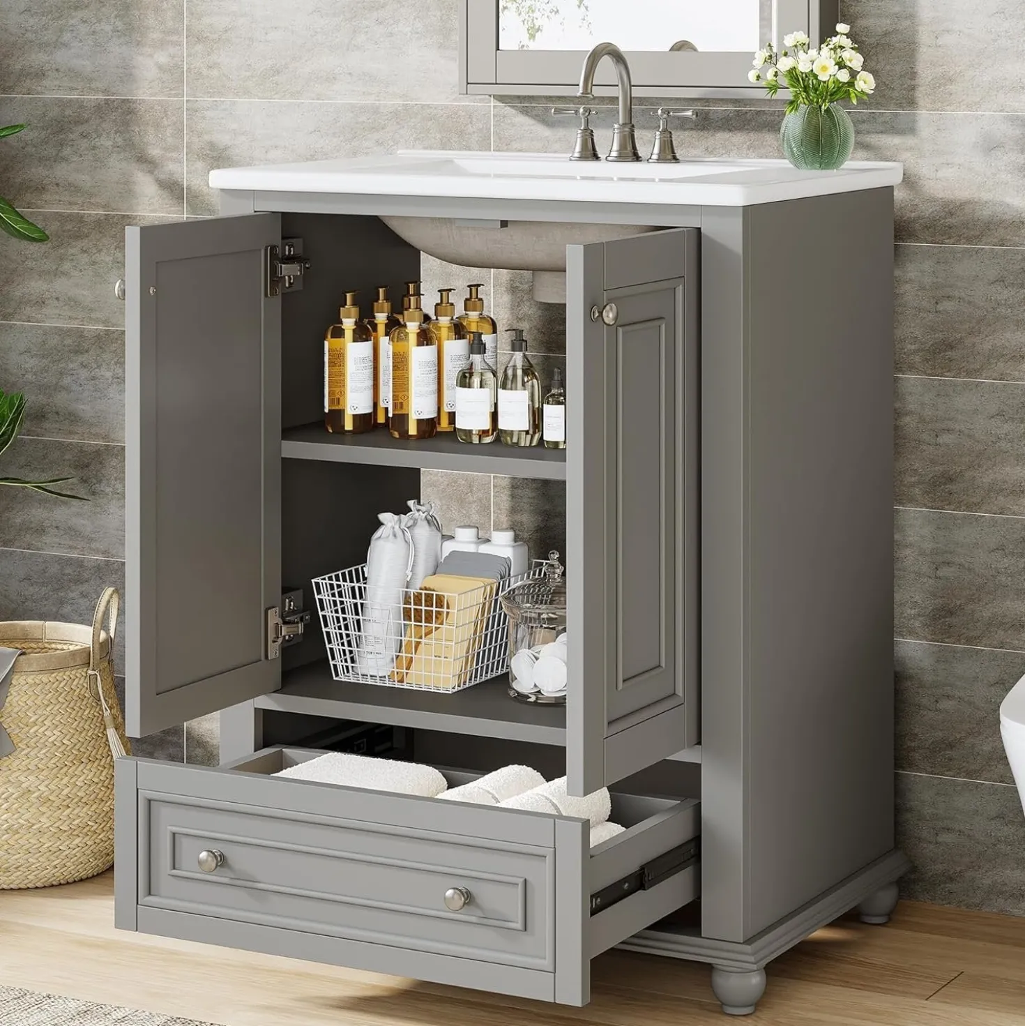 Modern Bathroom Vanity, Freestanding Bathroom Storage Vanity Cabinet with 2 Doors