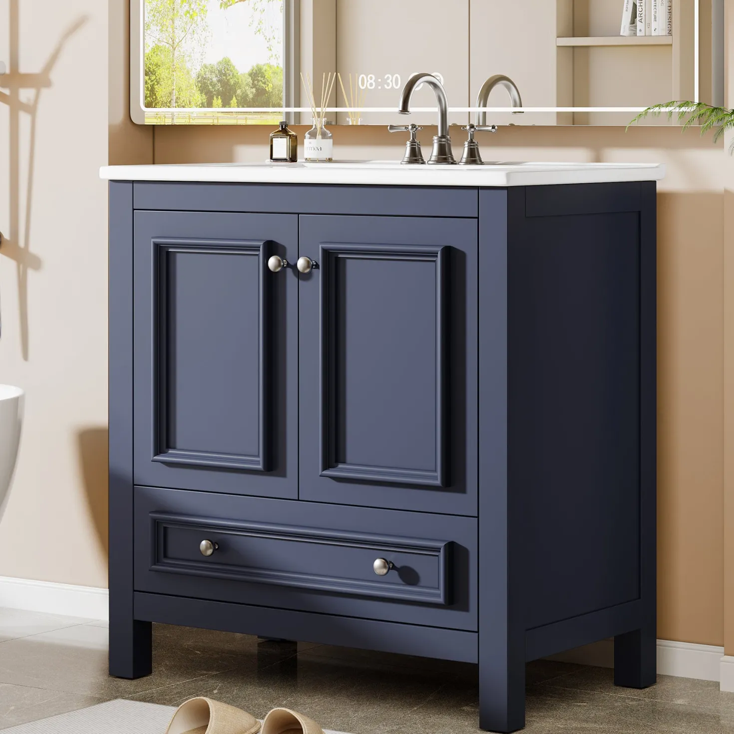 Modern Bathroom Vanity, Vanity Cabinet with Ceramic Basin and 1 Drawer