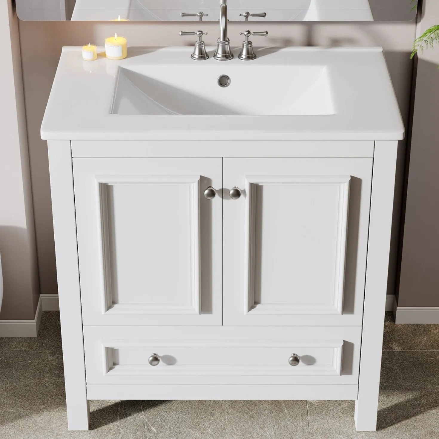 Modern Bathroom Vanity, Vanity Cabinet with Ceramic Basin and 1 Drawer