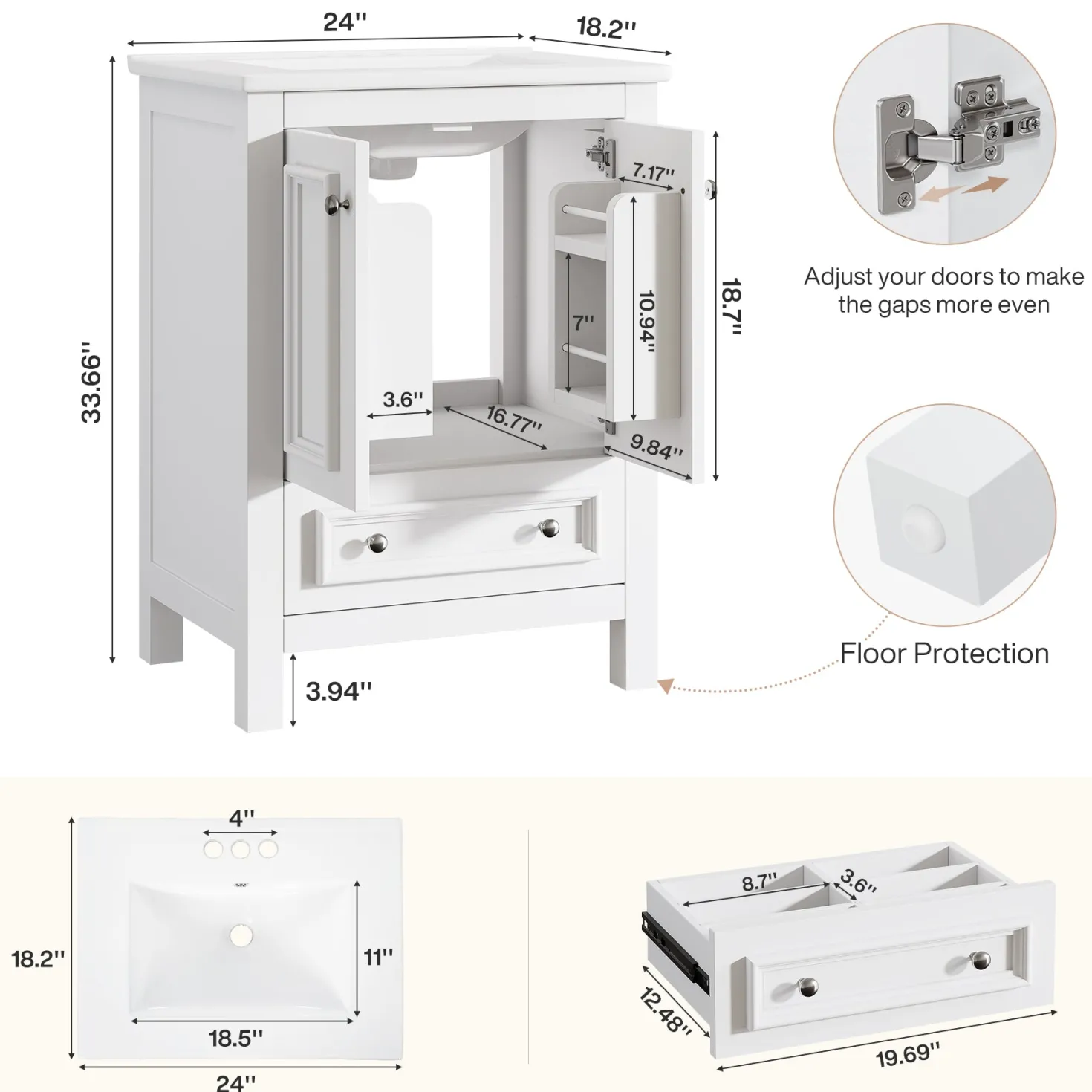 Modern Bathroom Vanity, Vanity Cabinet with Ceramic Basin and 1 Drawer