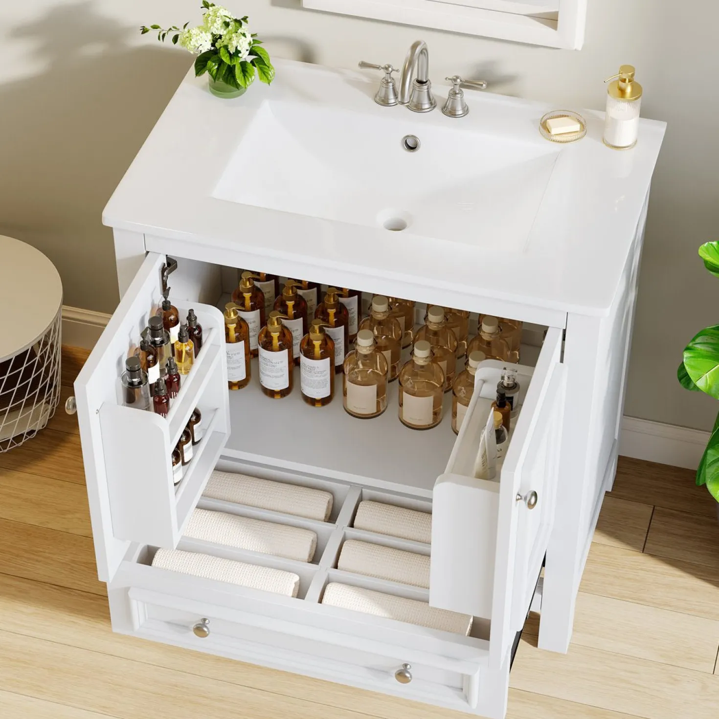Modern Bathroom Vanity, Vanity Cabinet with Ceramic Basin and 1 Drawer
