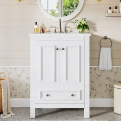 Modern Bathroom Vanity, Vanity Cabinet with Ceramic Basin and 1 Drawer