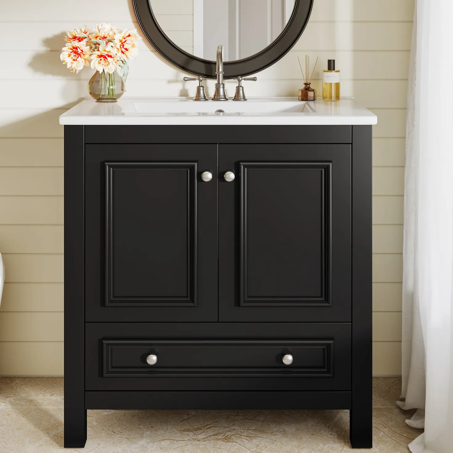 Modern Bathroom Vanity, Vanity Cabinet with Ceramic Basin and 1 Drawer