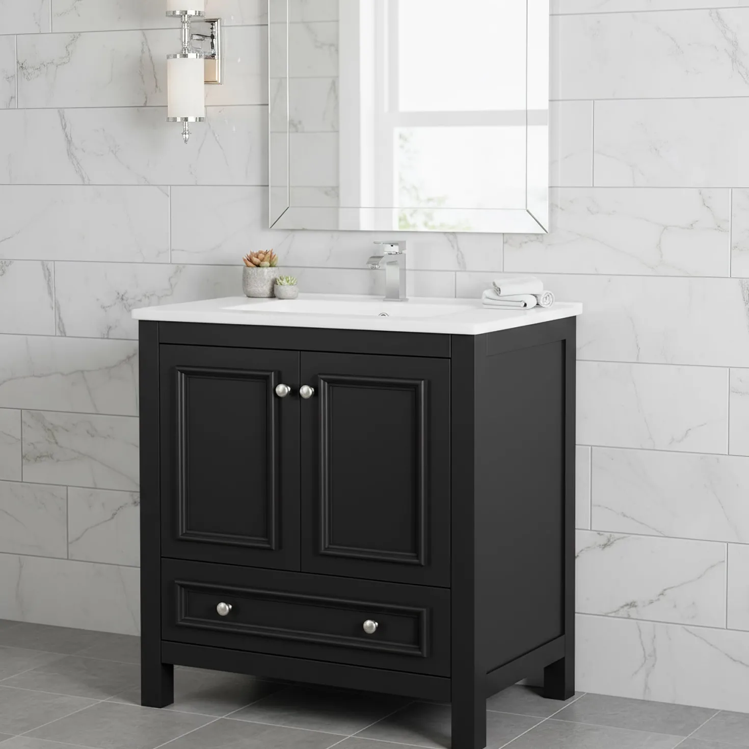 Modern Bathroom Vanity, Vanity Cabinet with Ceramic Basin and 1 Drawer