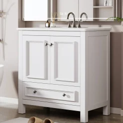 Modern Bathroom Vanity, Vanity Cabinet with Ceramic Basin and 1 Drawer