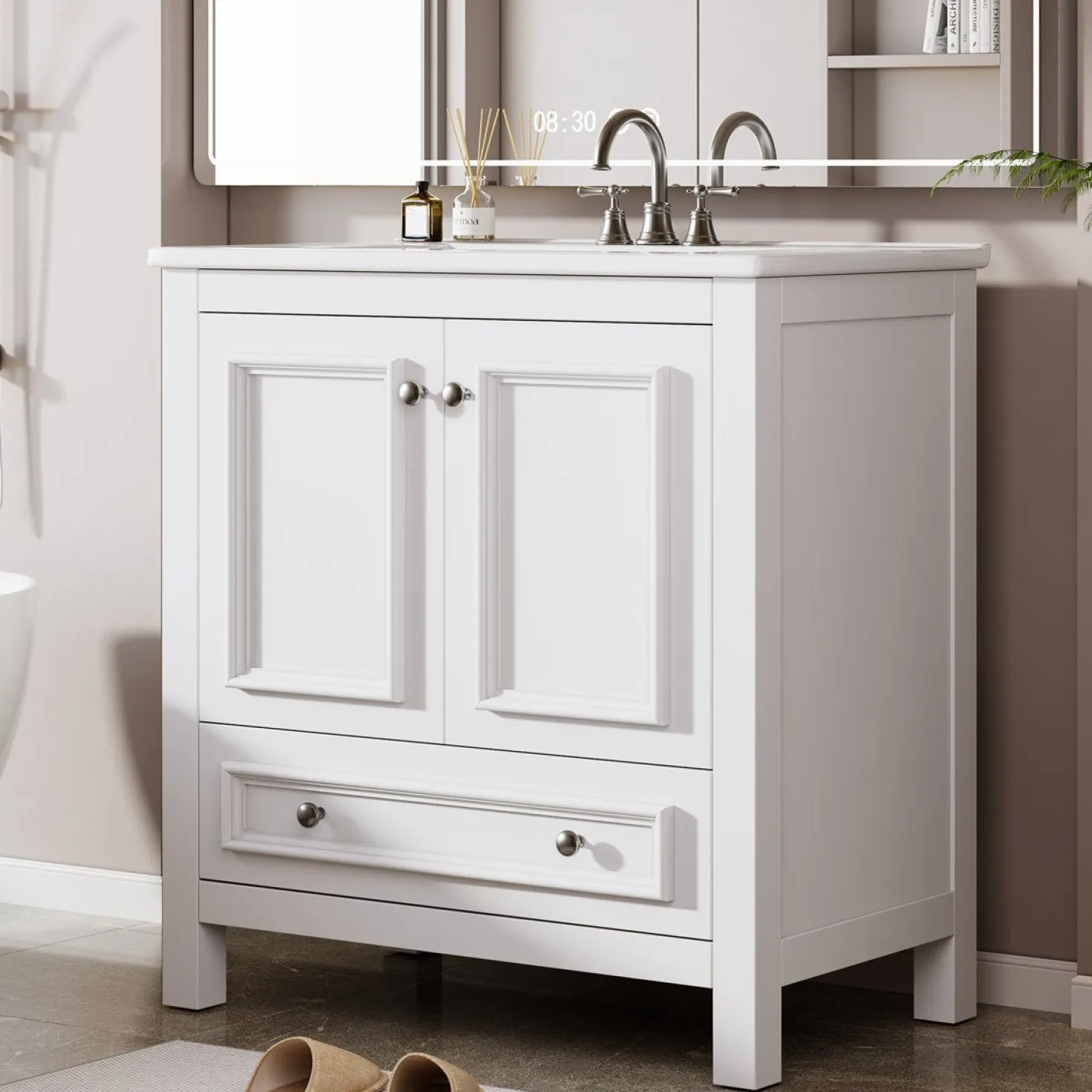 Modern Bathroom Vanity, Vanity Cabinet with Ceramic Basin and 1 Drawer