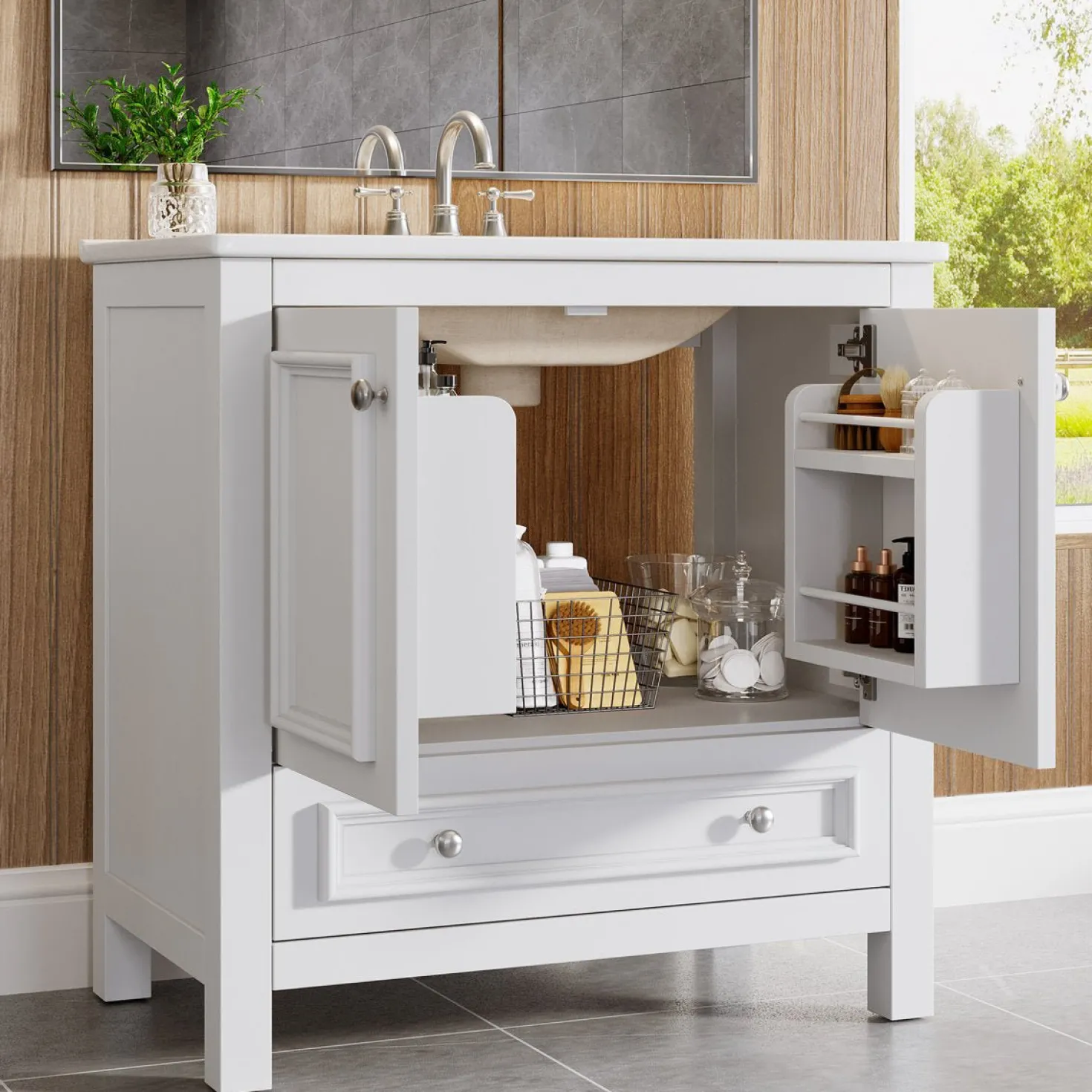 Modern Bathroom Vanity, Vanity Cabinet with Ceramic Basin and 1 Drawer