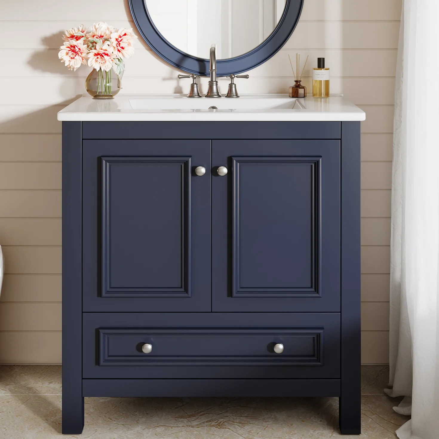 Modern Bathroom Vanity, Vanity Cabinet with Ceramic Basin and 1 Drawer
