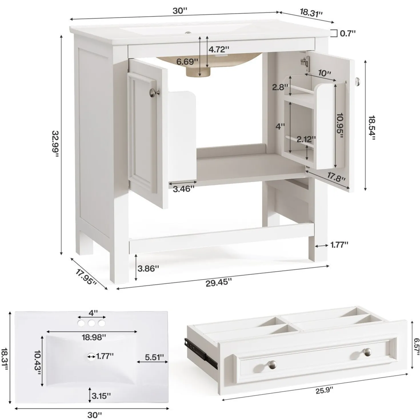 Modern Bathroom Vanity, Vanity Cabinet with Ceramic Basin and 1 Drawer