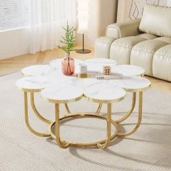 Modern Coffee Table, Flower-Shaped Center Table with Faux Marble Tabletop