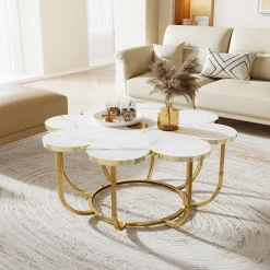 Modern Coffee Table, Flower-Shaped Center Table with Faux Marble Tabletop