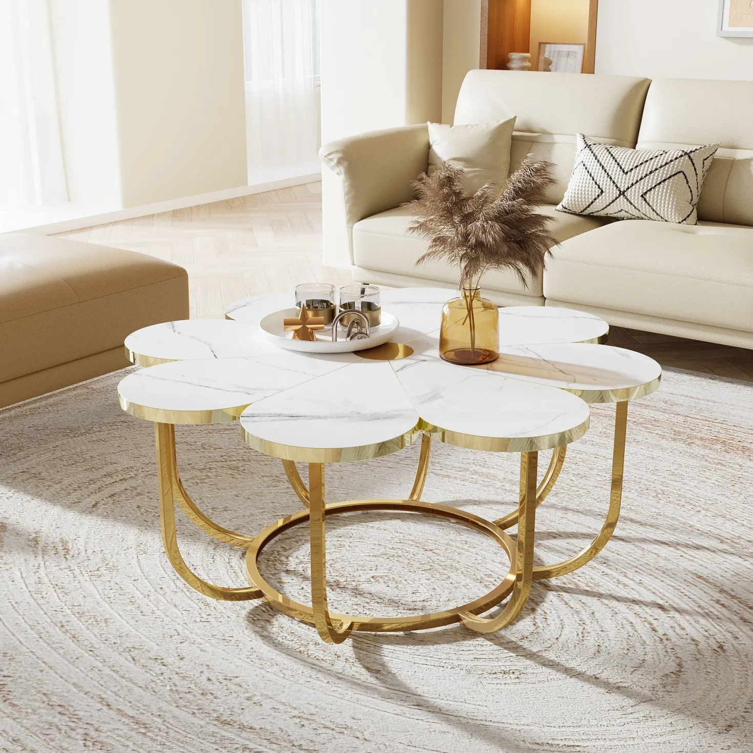 Modern Coffee Table, Flower-Shaped Center Table with Faux Marble Tabletop