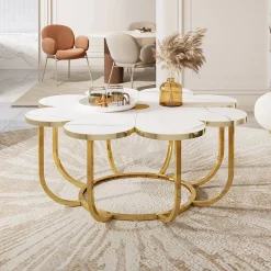 Modern Coffee Table, Flower-Shaped Center Table with Faux Marble Tabletop