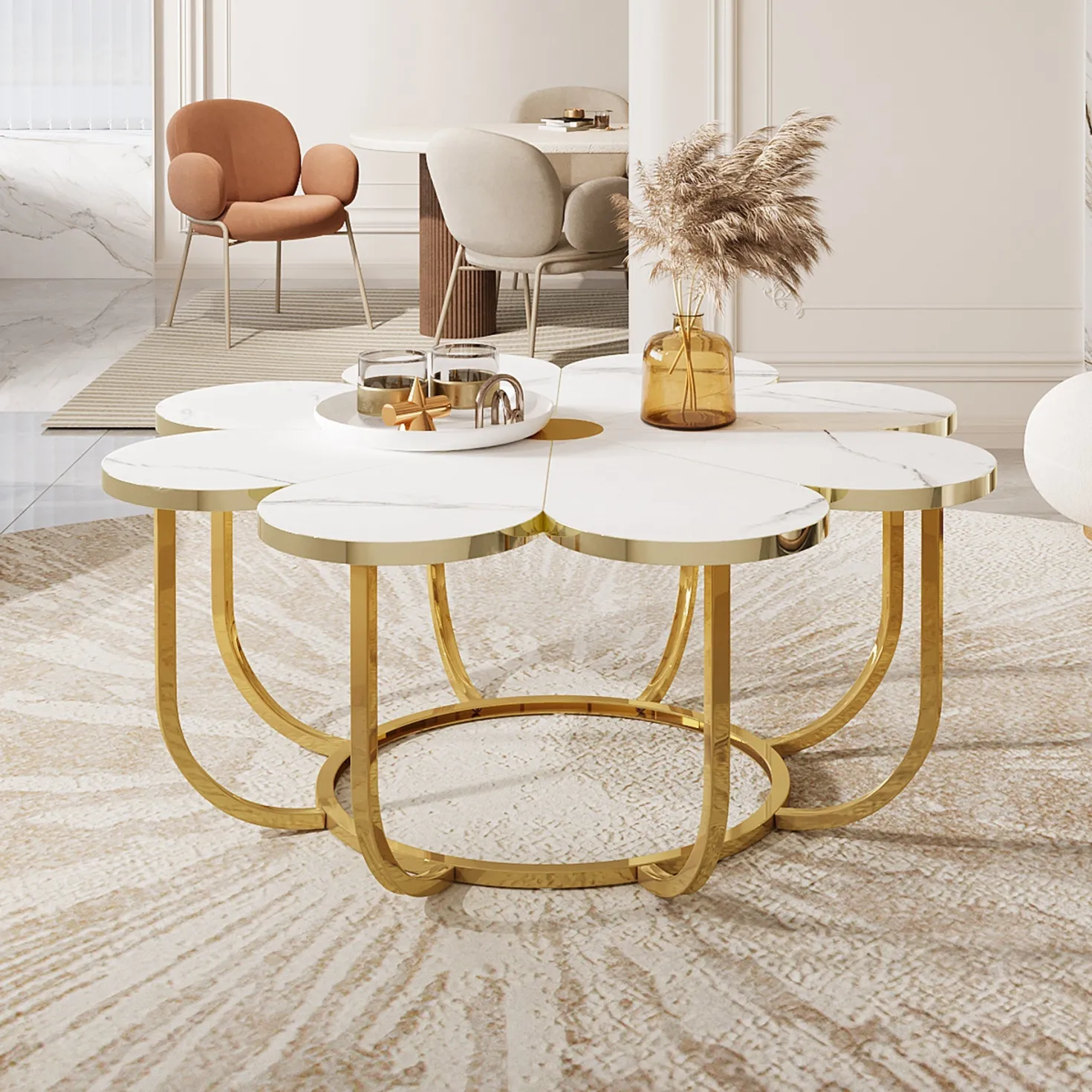 Modern Coffee Table, Flower-Shaped Center Table with Faux Marble Tabletop