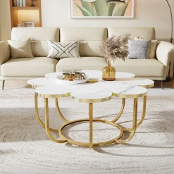 Modern Coffee Table, Flower-Shaped Center Table with Faux Marble Tabletop