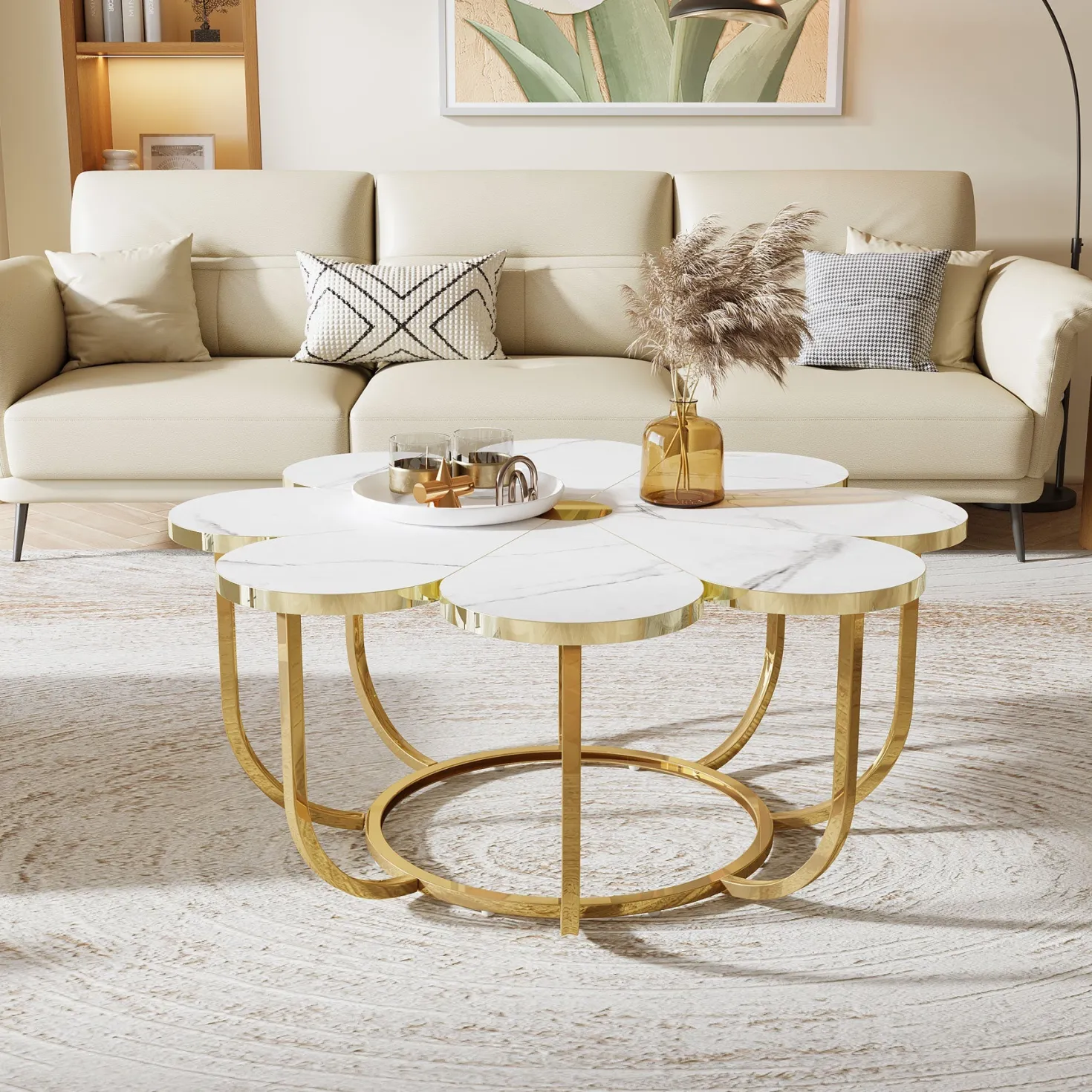 Modern Coffee Table, Flower-Shaped Center Table with Faux Marble Tabletop