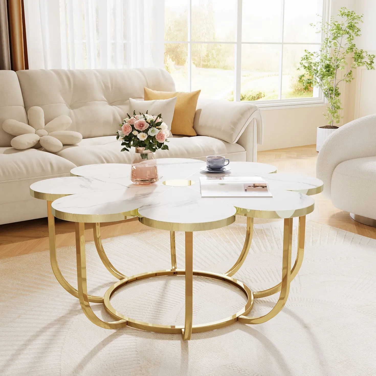 Modern Coffee Table, Flower-Shaped Center Table with Faux Marble Tabletop