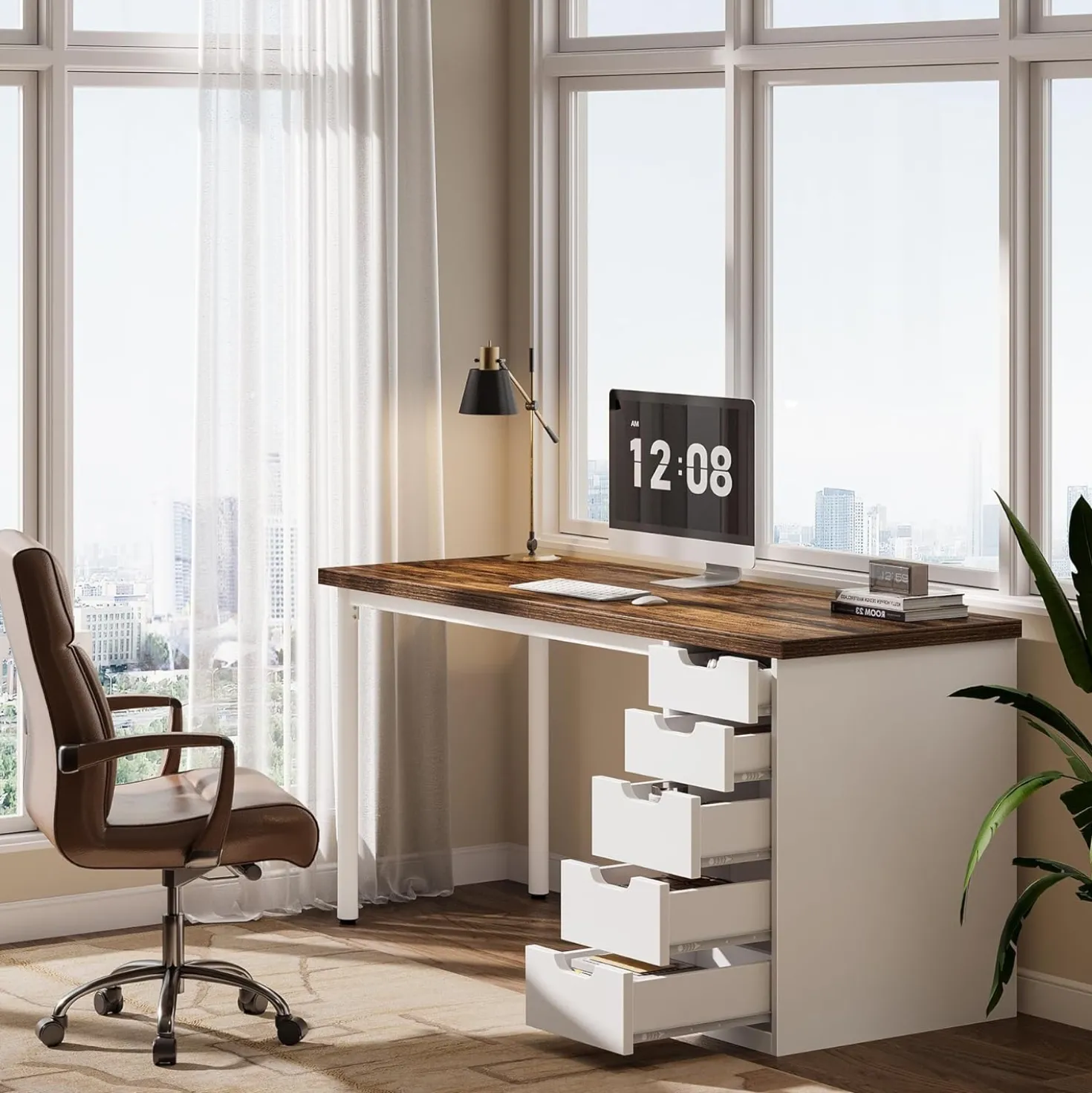 Modern Computer Desk, 47" Study Writing Table with 5 Reversible Drawers for Home Office
