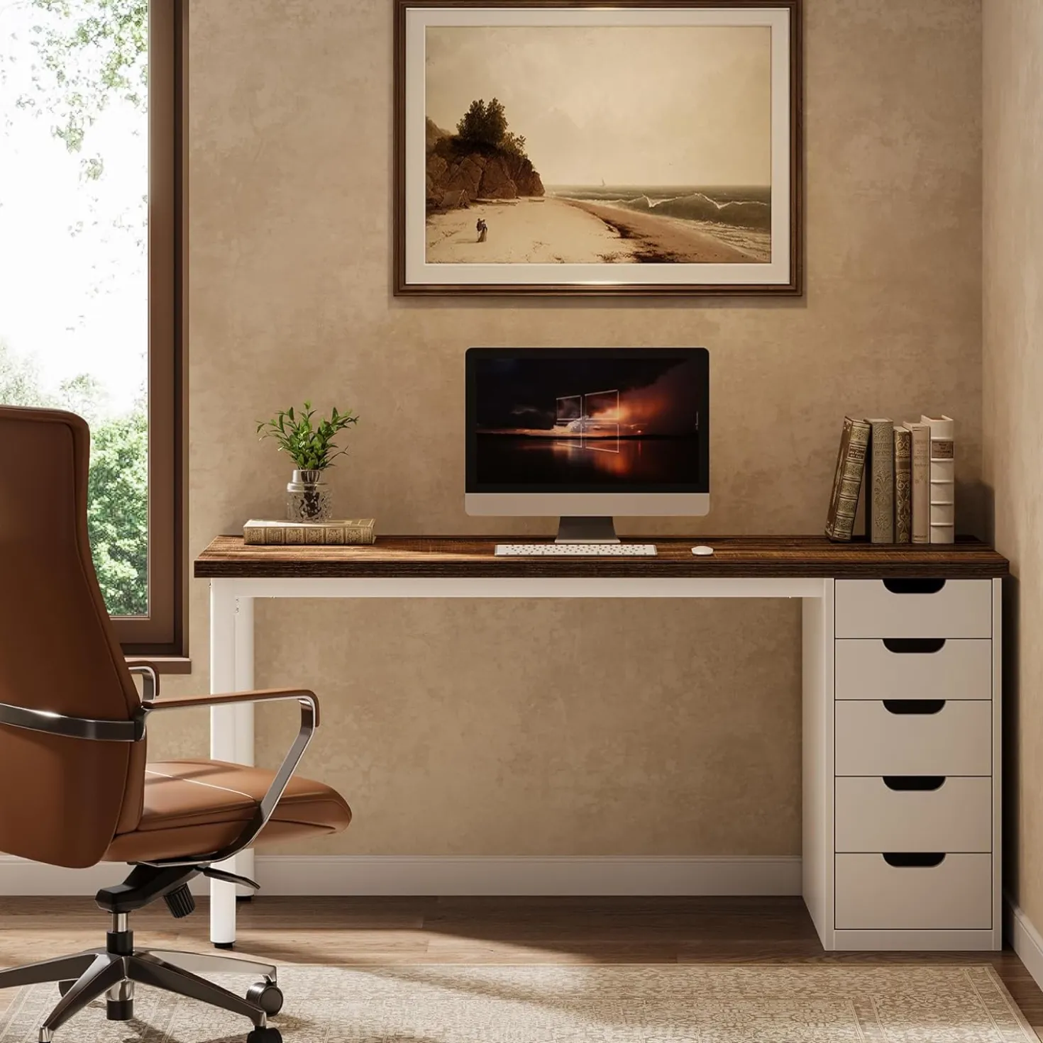 Modern Computer Desk, 47" Study Writing Table with 5 Reversible Drawers for Home Office