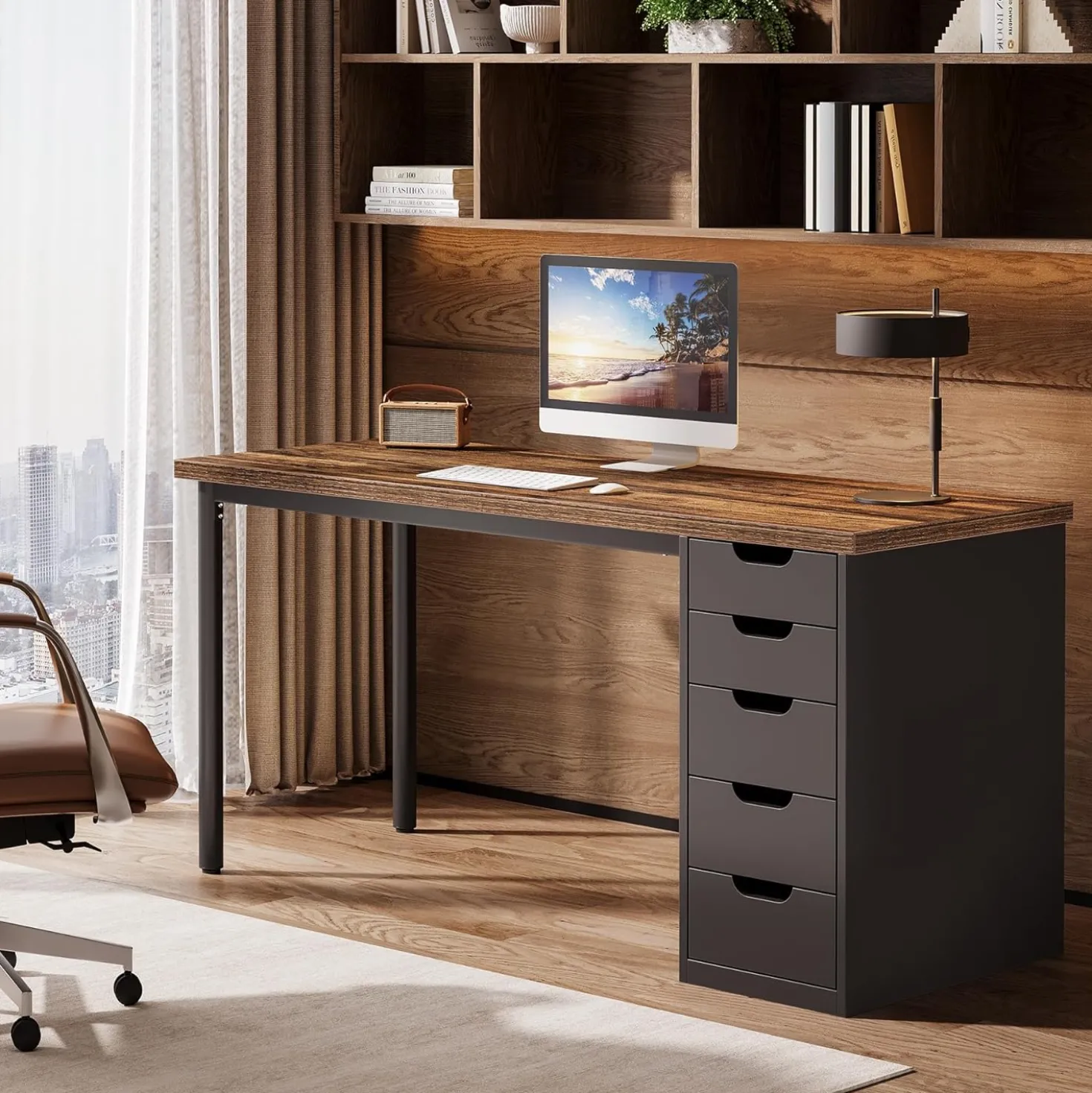 Modern Computer Desk, 47" Study Writing Table with 5 Reversible Drawers for Home Office