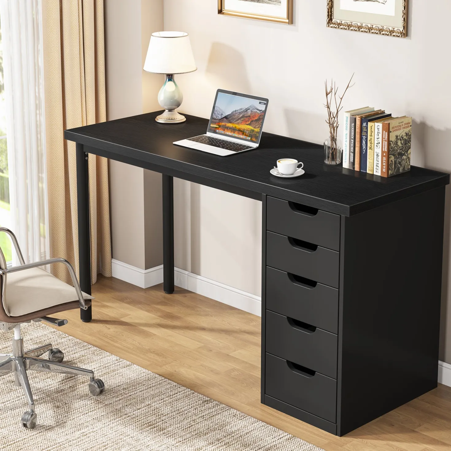 Modern Computer Desk, 47" Study Writing Table with 5 Reversible Drawers for Home Office