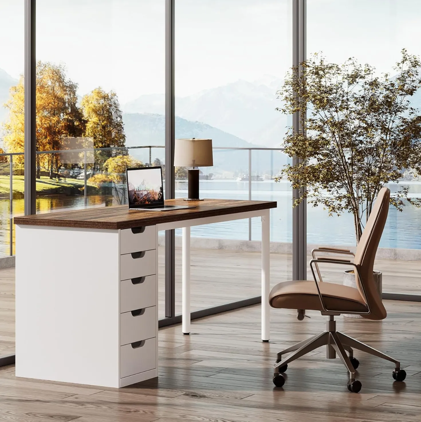 Modern Computer Desk, 47" Study Writing Table with 5 Reversible Drawers for Home Office