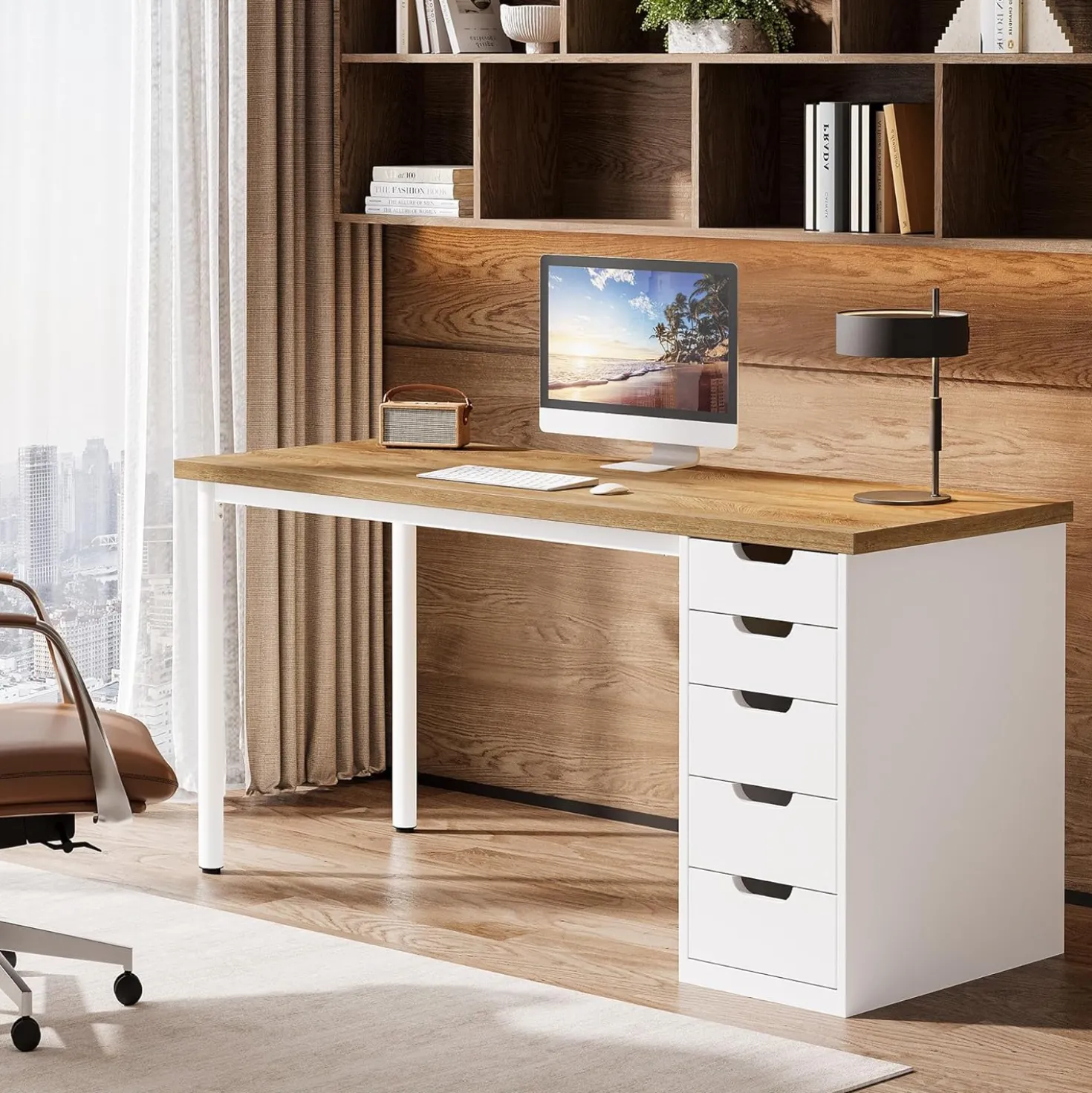 Modern Computer Desk, 47" Study Writing Table with 5 Reversible Drawers for Home Office