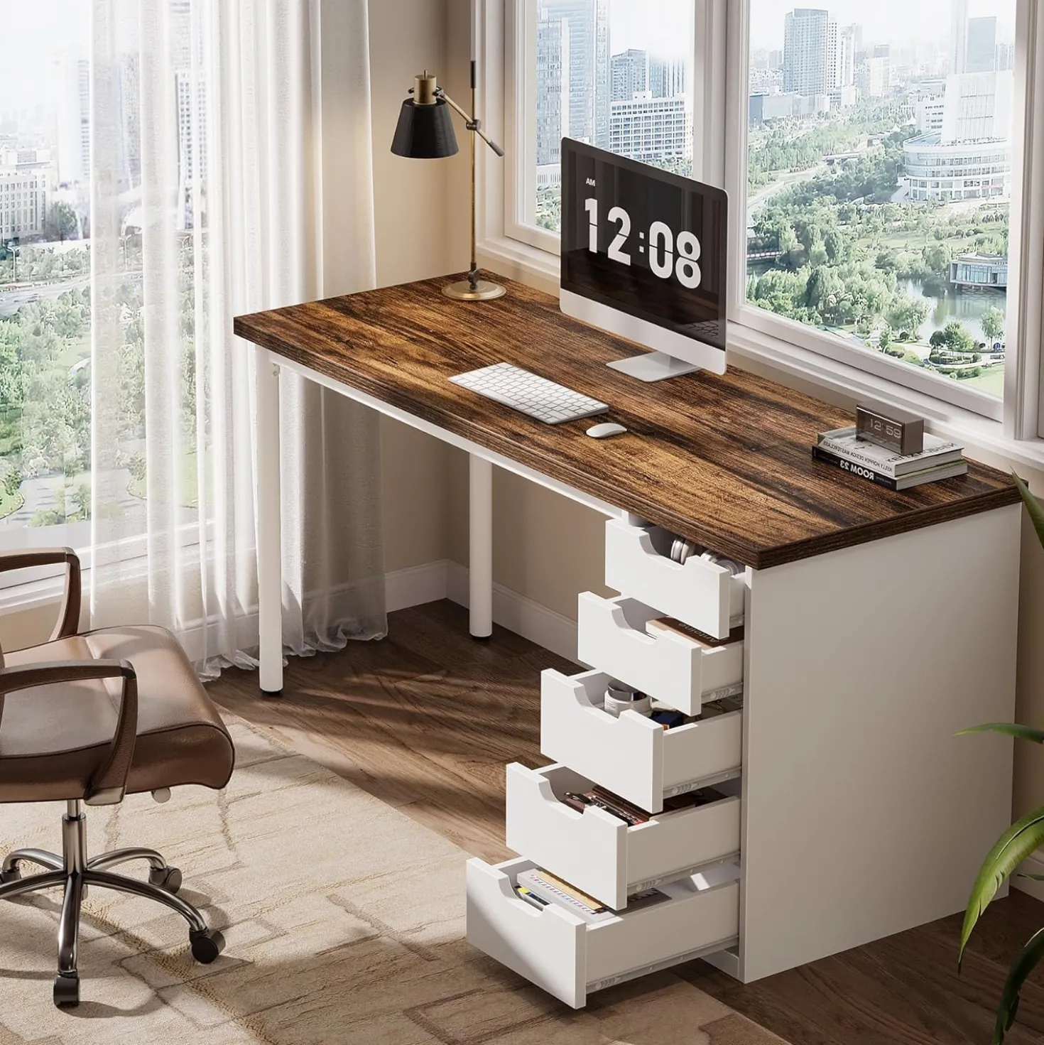 Modern Computer Desk, 47" Study Writing Table with 5 Reversible Drawers for Home Office