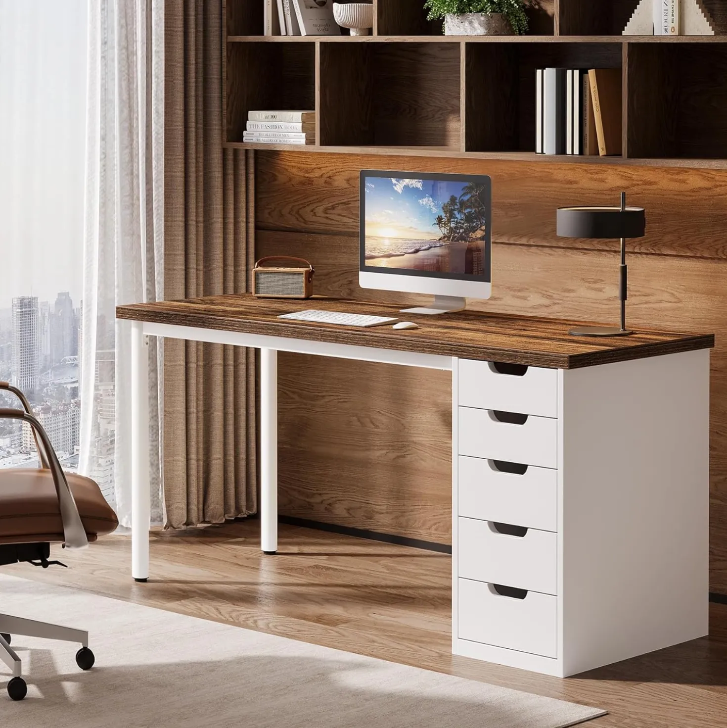 Modern Computer Desk, 47" Study Writing Table with 5 Reversible Drawers for Home Office