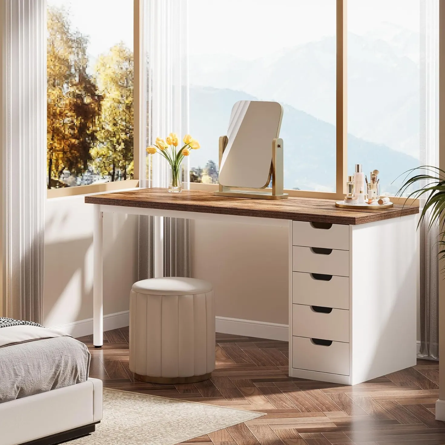 Modern Computer Desk, 47" Study Writing Table with 5 Reversible Drawers for Home Office