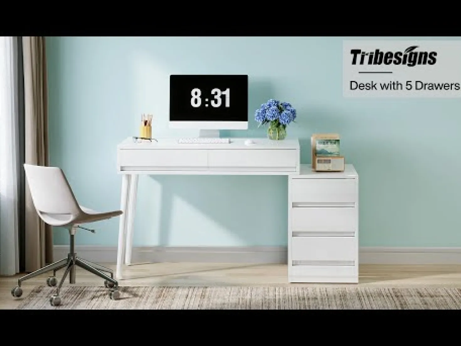 Modern Computer Desk Home Office Desk with 5 Storage Drawers